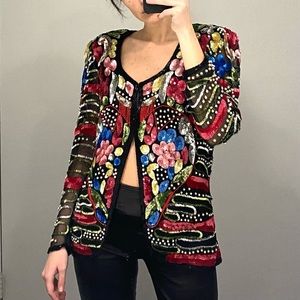 Sweelo Vintage 80s Silk Floral Sequin Beaded Jacket